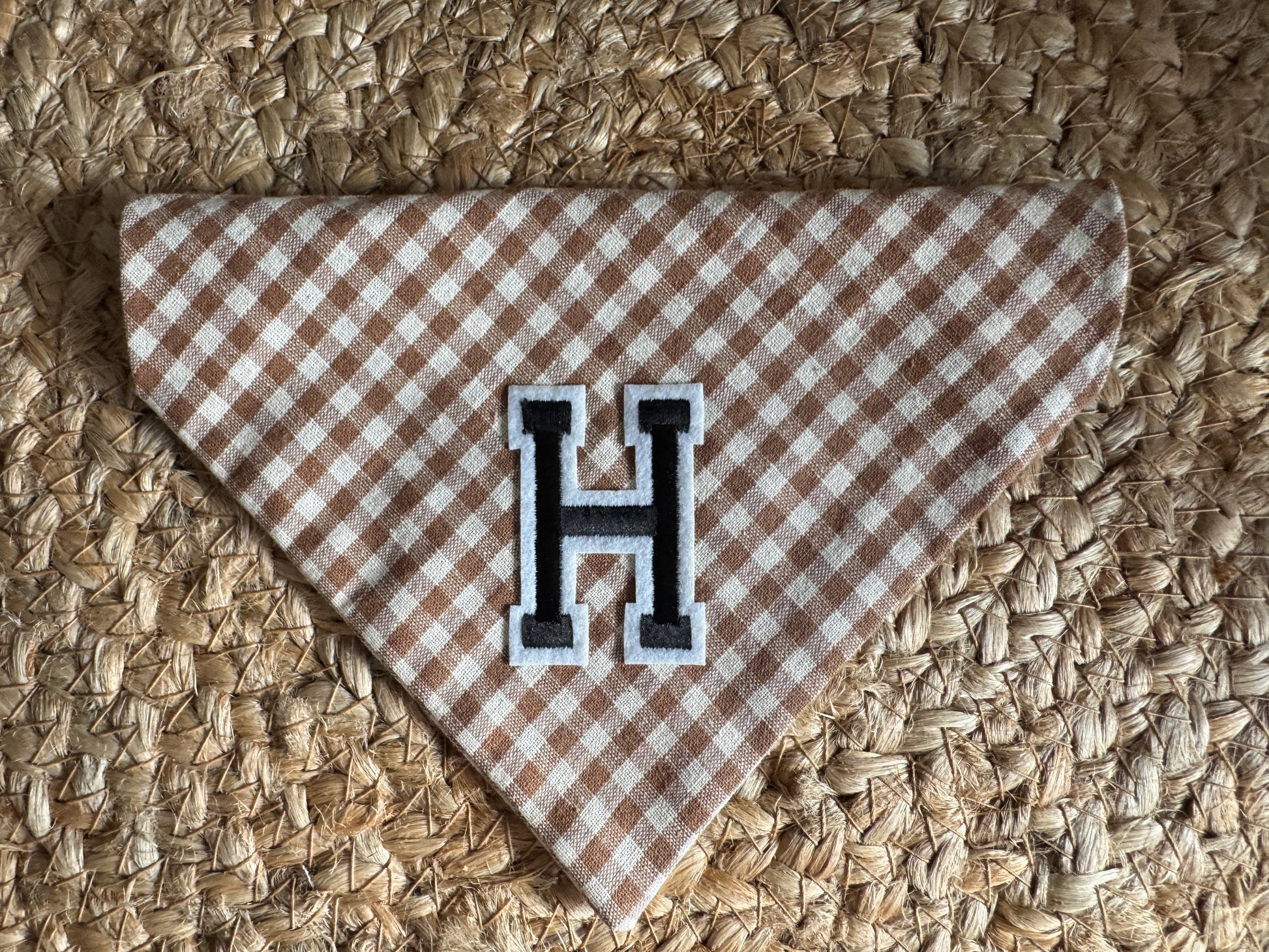 Brown checked linen over-collar personalised dog bandana